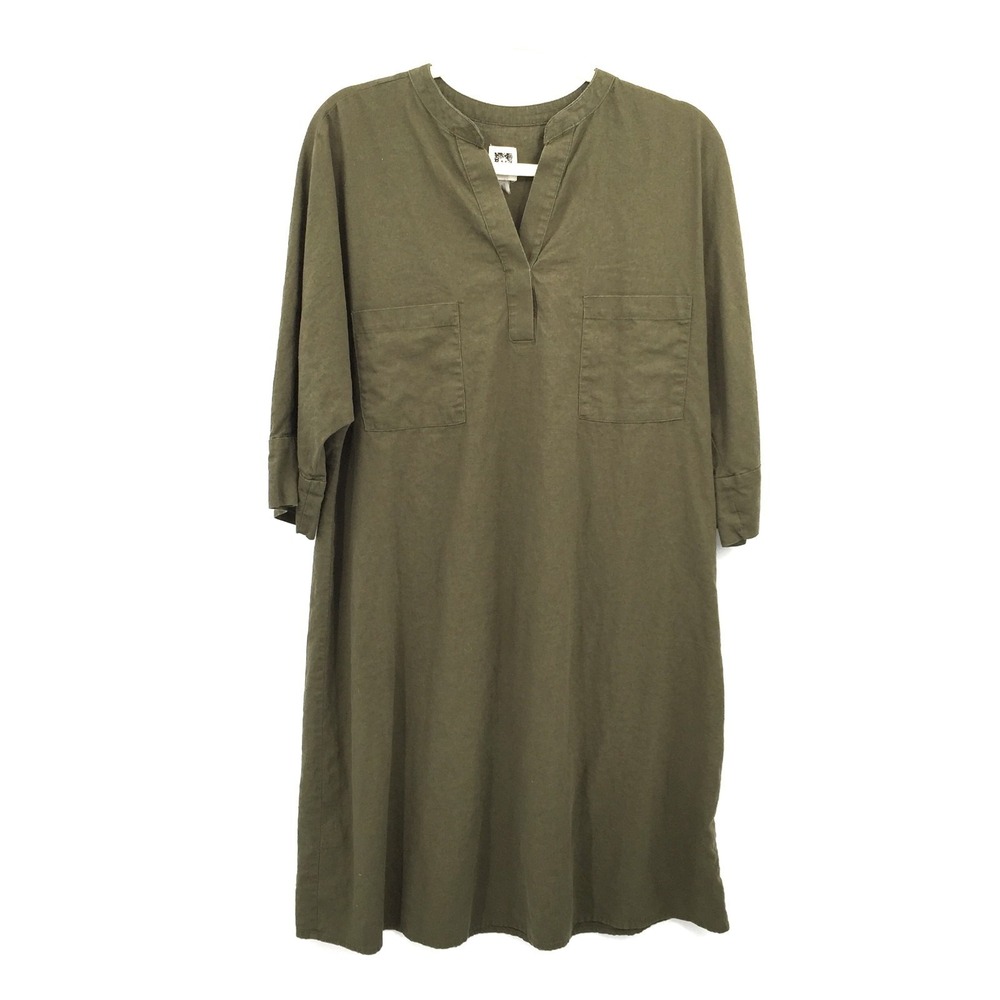 Anne Klein linen blend Green 3/4 sleeve shift shirt Dress lagenlook coastal 14
